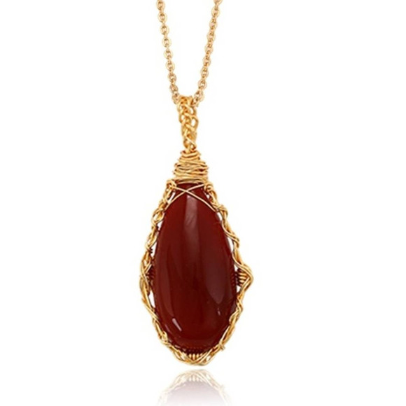 Jewelry - Natural Red Onyx Teardrop Handmade 18k Gold Plated Necklace